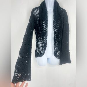 Vintage 90s Bette Sung Wool Open Knit Black Cardigan Whimsigoth Witch Patchwork